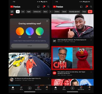 YouTube testa novo filtro de feed com vídeos separados por cores